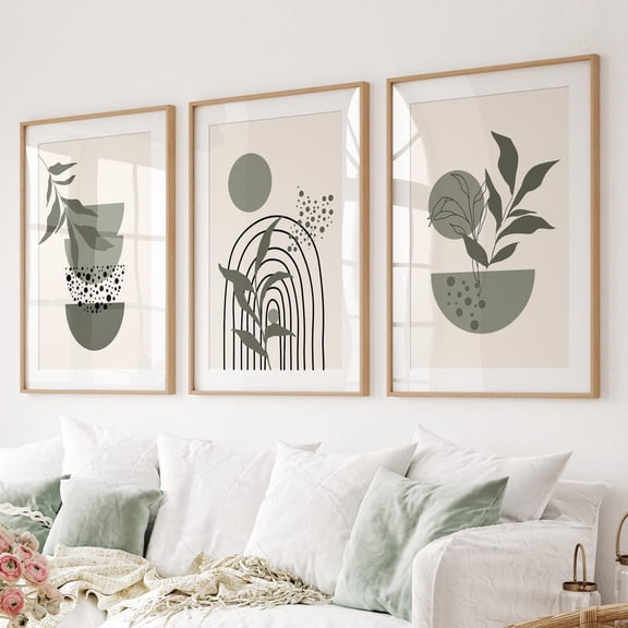 UNFFRAMED Boho Wall Art Prints, Sage Green Mid-Century Modern Set Of 3 Set 3 Prints 12x18