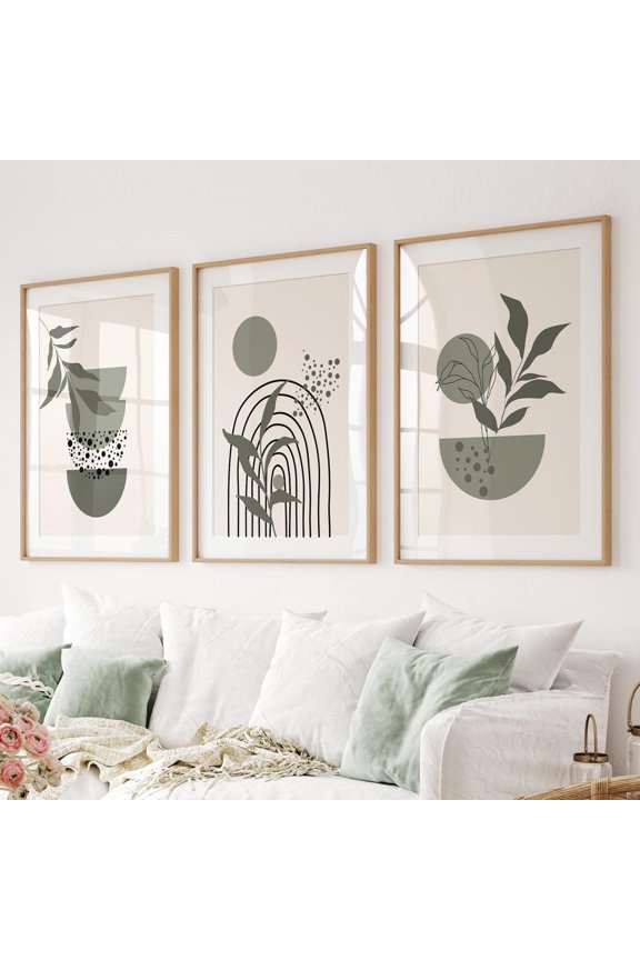 UNFFRAMED Boho Wall Art Prints, Sage Green Mid-Century Modern Set Of 3 Set 3 Prints 20x30