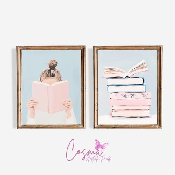 UNFFRAMED Book Lover Wall Art Set, Cozy Reading Nook Decor, Pastel Aesthetic Print, Literary-Inspired Artwork, Feminine Bookish Print, Book art Set 2 Prints 20x30