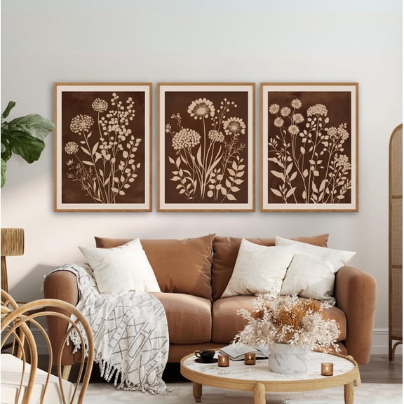 UNFFRAMED Botanical Boho Wall Art Set, Neutral Floral Poster, Rustic Wildflower Poster, Boho Flower Wall Decor, Neutral Nature Art Poster Set 3 Prints 8x12
