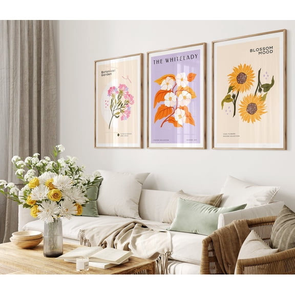 UNFFRAMED Botanical Flower Market Color Block Prints| Mid Century Modern Office Wall Art, Flower Market Print Gallery Wall Set Set 3 Prints 12x18