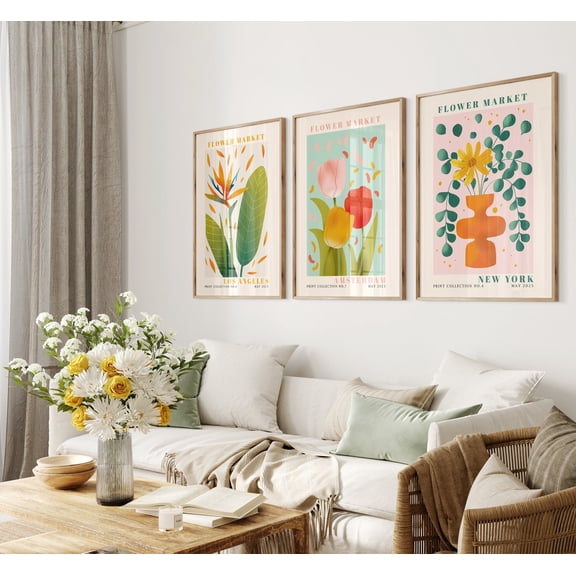 UNFFRAMED Botanical Flower Market Color Block Prints| Mid Century Modern Office Wall Art, Flower Market Print Gallery Wall Set Set 3 Prints 16x24