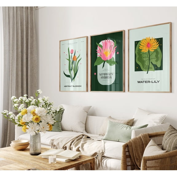 UNFFRAMED Botanical Flower Market Color Block Prints| Mid Century Modern Office Wall Art, Flower Market Print Gallery Wall Set Set 3 Prints 16x24