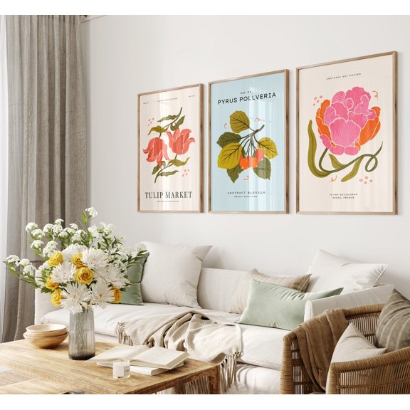 UNFFRAMED Botanical Flower Market Color Block Prints| Mid Century Modern Office Wall Art, Flower Market Print Gallery Wall Set Set 3 Prints 16x24