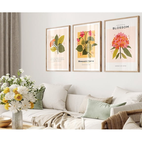 UNFFRAMED Botanical Flower Market Color Block Prints| Mid Century Modern Office Wall Art, Flower Market Print Gallery Wall Set Set 3 Prints 20x30