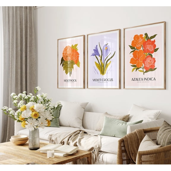 UNFFRAMED Botanical Flower Market Color Block Prints| Mid Century Modern Office Wall Art Flower Market Print Gallery Wall Set Set 3 Prints 20x30
