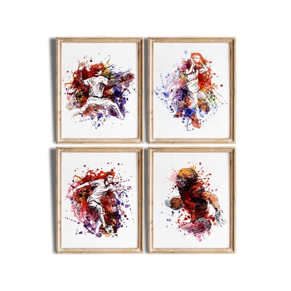 UNFFRAMED Boys Sports Room Decor Art Posters Set Baseball, Basketball, Football, Soccer Set 4 Prints 8x12