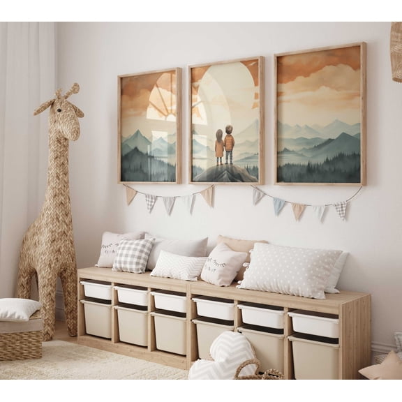 Luvia Brother & Sister Adventure Triptych Print Set Of 3 - Vintage Sibling In Orange And Teal, Nursery Room Decorwork, Modern Wall Decor Set 3 Prints 8x12 UNFRAMED