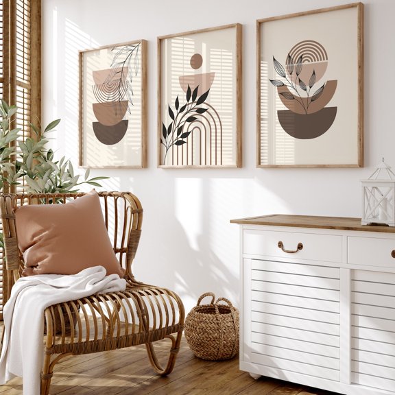 UNFFRAMED Brown Boho Prints Set, Neutral Modern Wall Art, Abstract Set Of 3, Boho Rainbow Wall Art, Bohemian Art, Beige, Set 3 Prints 12x18