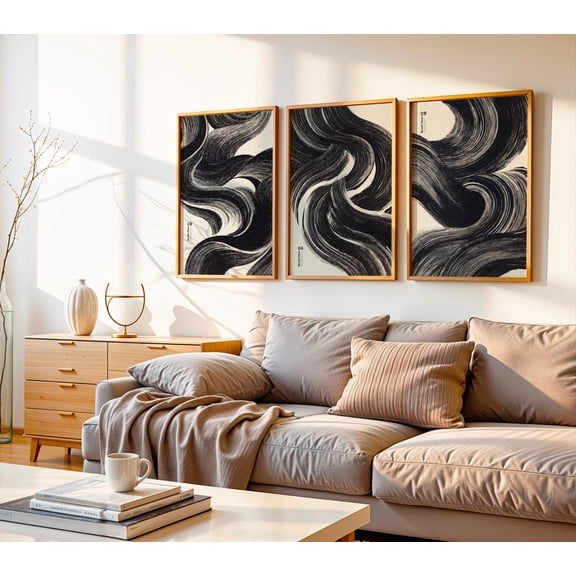 UNFFRAMED Brush Flow Posters Set, Abstract Wall Art Trio, Contemporary Beige And Black Zen-Inspired Poster Bundle, Prinable Decor Set 3 Prints 20x30