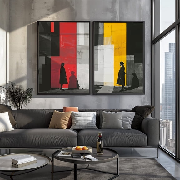 UNFFRAMED Brutalist Woman Art Print Set, Red & Yellow Grunge Decor Set 2 Prints 20x30