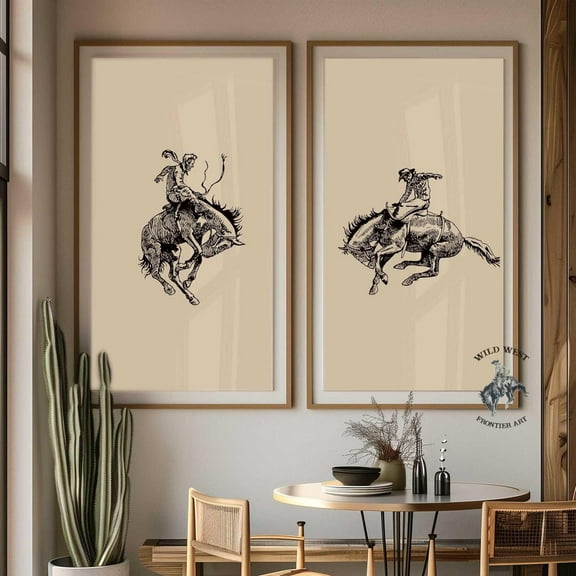 UNFFRAMED Bucking Bronco Poster Set, Rustic Cowboy Rodeo Wall Art Set 2 Prints 20x30