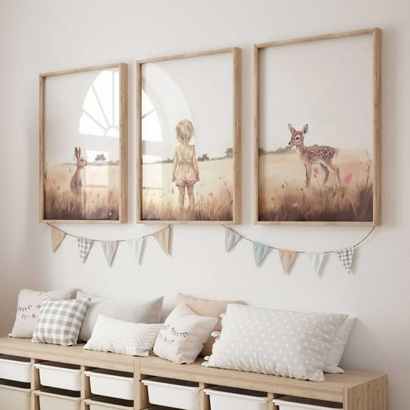 Luvia Bunny & Deer Nursery Decor For Girls, Animal Nursery Set Of 3, Jack Rabbit Art, Girl Room, Wildflower Field, Girl, Modern Wall Decor Set 3 Prints 8x12 UNFRAMED