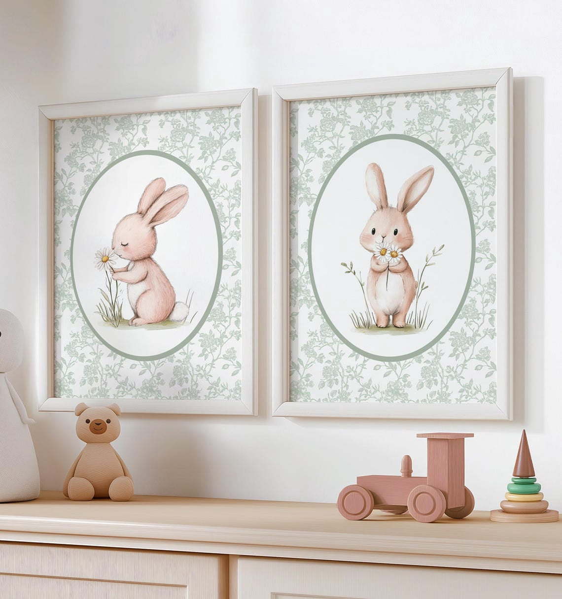 UNFFRAMED Bunny Nursery Wall Art Sage Green Nursery Art Girl, Cute ...