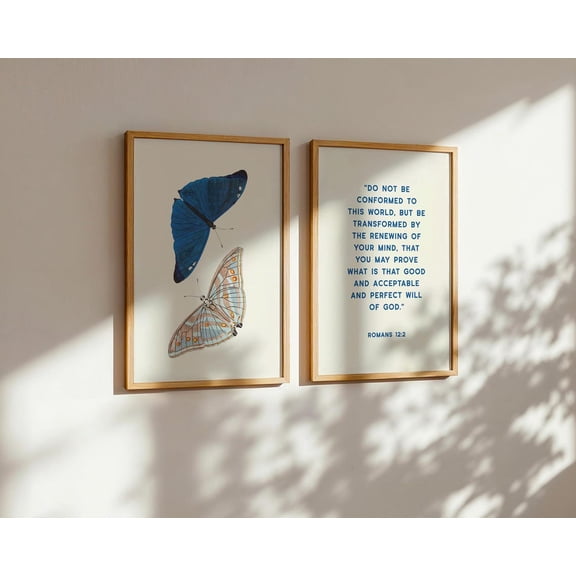 UNFFRAMED Butterfly Christian Wall Art Set Of 2, Romans 12:2 Bible Verse Poster, Blue Vintage Decor, Be Transformed Scripture, Poster Set 2 Prints 8x12