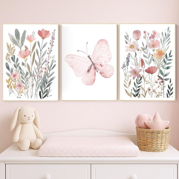 UNFFRAMED Butterfly And Floral Nursery Wall Art Set - Pink Flowers & Butterfly Prints - Baby Girl Room Decor - Boho Botanical Art #169 Set 3 Prints 16x24