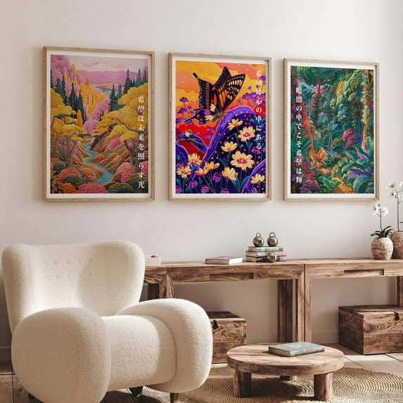 UNFFRAMED Butterfly, Forest, Mountain, And Valley - Set Of 3 Nature- Inspired Posters - Japanese Hope Prints, Modern Wall Decor Set 3 Prints 8x12