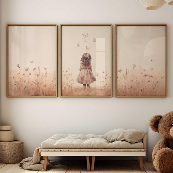 UNFFRAMED Butterfly Nursery Decor, Wildflower Girls Room Butterflygirly, Set Of 3, Floral Nursery Room, Girl Art, Modern Wall Decor Set 3 Prints 8x12