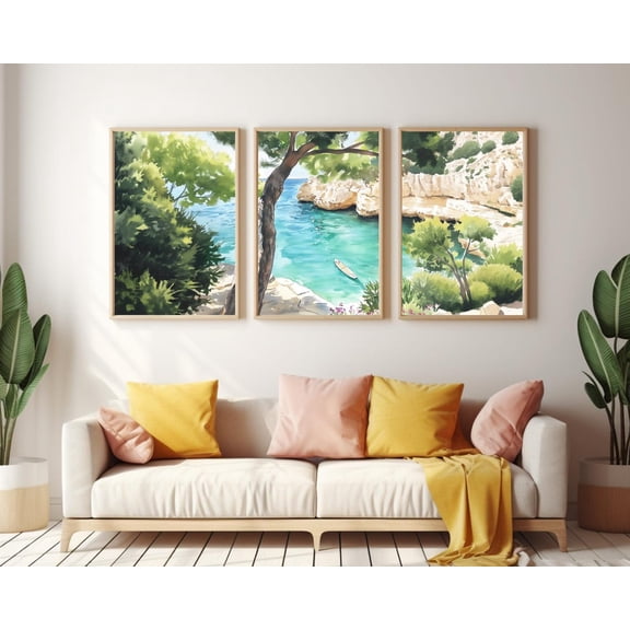 UNFFRAMED Cala Ferrera Poster Set Of 3, Mallorca Coastal Landscape Wall Art, Balearic Island Decor, Mediterranean Artwork, Spain Poster Set 3 Prints 8x12