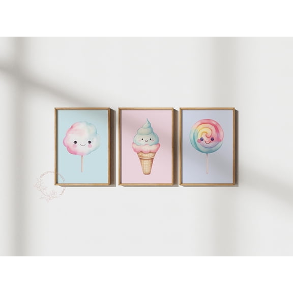 UNFFRAMED Candy Theme Nursery Poster Set, Kawaii Pastel Colors Wall Art Set 3 Prints 16x24