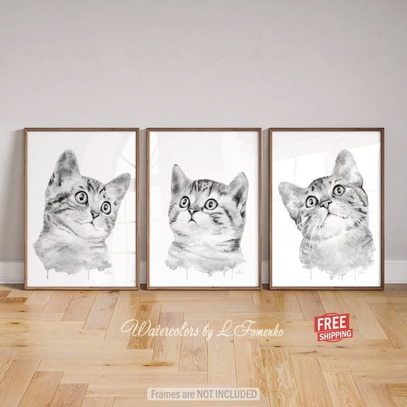 UNFFRAMED Cat Art Prints Of My Original Grey Tabby Cat Artwork Nursery Wall Decor Cat Cute Pet Pictures Set 3 Prints 12x18