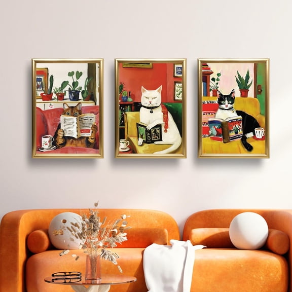 UNFFRAMED Cat Reading Wall Art Set Of 3, Cozy Cat Posters For Book Lovers, Library Home Decor Set 3 Prints 12x18