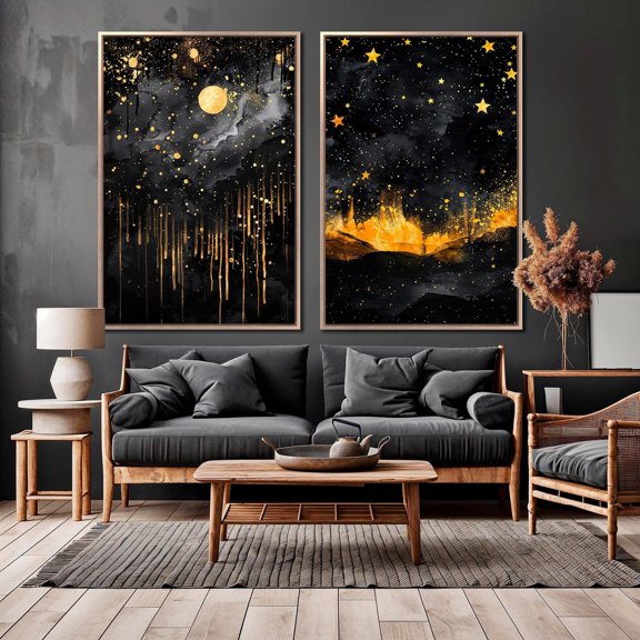 UNFFRAMED Celestial Abstract Set Of 2 Wall Art Golden Starry Night And Moonlit Sky Posters Cosmic Wall Decor Ready To Hang Set 2 Prints 20x30