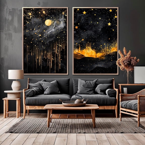 UNFFRAMED Celestial Abstract Set Of 2 Wall Art Golden Starry Night And Moonlit Sky Posters Cosmic Wall Decor Ready To Hang Set 2 Prints 8x12