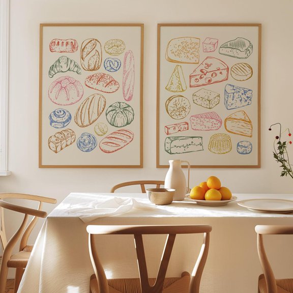 UNFFRAMED Cheese And Bread Wall Art Set, Kitchen Decor With Croissant And Sourdough, Minimalist Dining Room Posters, Set 2 Prints 20x30
