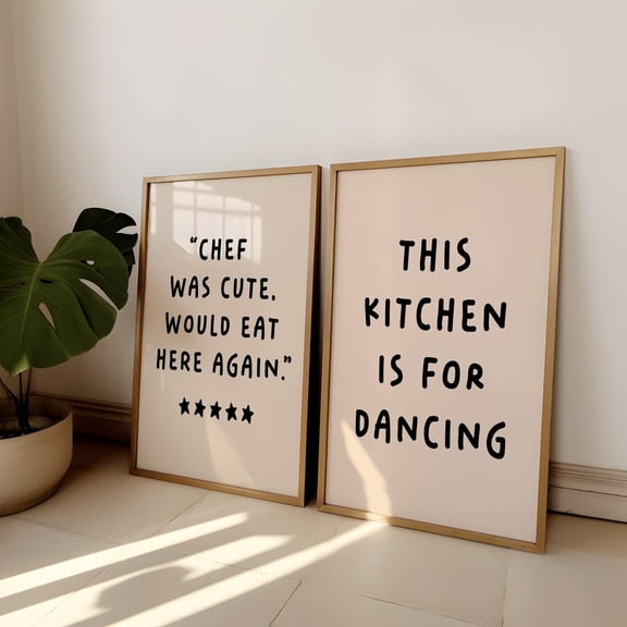 UNFFRAMED Chef Was Cute Would Eat Here Again Poster, Aesthetic Kitchen Decor Cute Cooking Art Wall Art Set Of 2,Typography Dancing Foodie Dining Poster Set 2 Prints 16x24