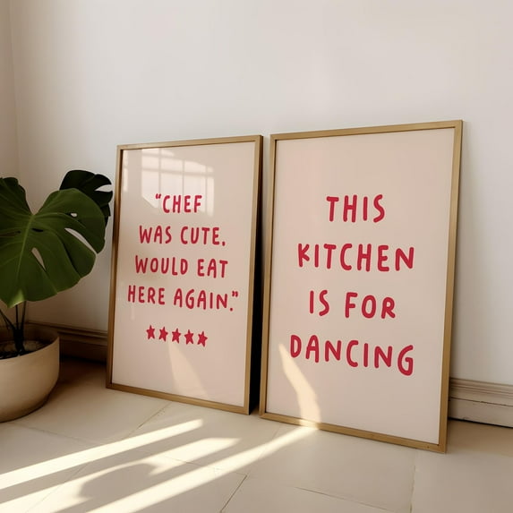 UNFFRAMED Chef Was Cute Would Eat Here Again Poster, Aesthetic Red Kitchen Decor Cute Cooking Art Wall Art Set Of 2, Typography Poster Foodie Poster Set 2 Prints 16x24