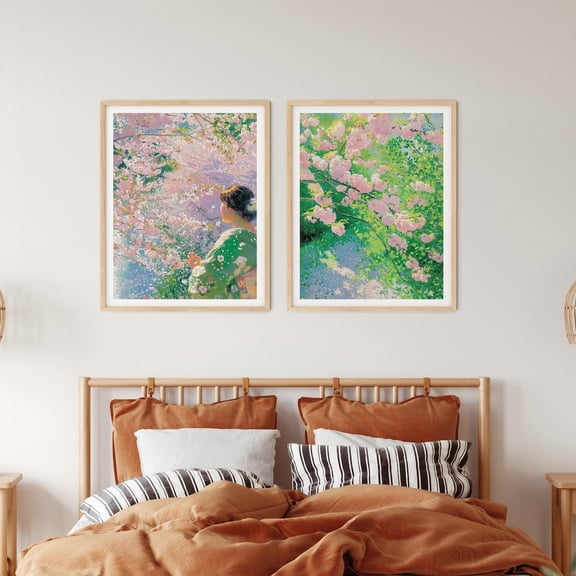 Luvia Cherry Blossom - Japanese Garden Nature Inspired Artwork Set Of 2 Posters - Lady In Floral Prints Feminine Room Decor, Modern Wall Decor Set 2 Prints 8x12 UNFRAMED