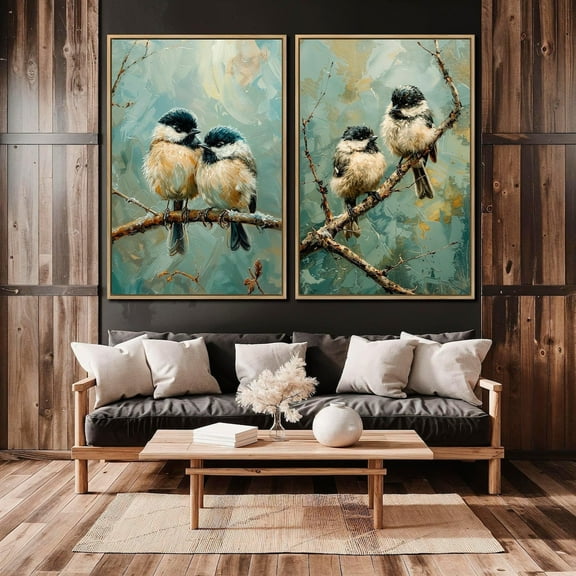 UNFFRAMED Chickadees Perched On Branch Set Of 2 Wall Art Bird Pair Posters Serene Wildlife Wall Decor Avian Poster Ready To Hang Set 2 Prints 12x18