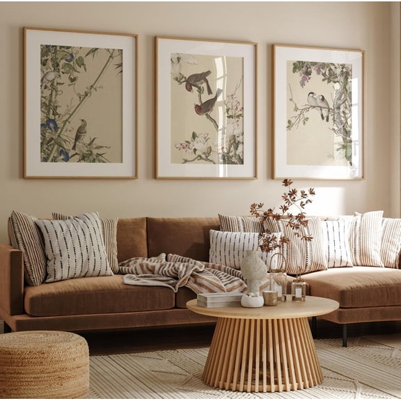 UNFFRAMED Chinoiserie Bird Poster Set, Vintage Chinese Art Triptych Set 3 Prints 16x24