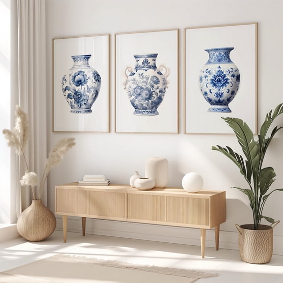 UNFFRAMED Chinoiserie Ginger Jar Poster Set, Blue And White Delftware Set 3 Prints 16x24