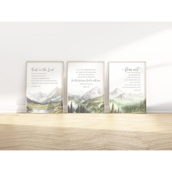UNFFRAMED Christian Bible Verse wall art Poster; Isaiah 41,10, Joshua 1 9, Proverbs 3 5-6 landscape scripture quote artwork Set 3 Prints 8x12