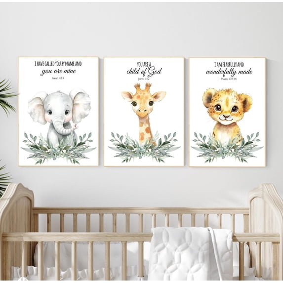 UNFFRAMED Christian Safari Nursery Wall Art Set, Elephant, Giraffe, Lion With Bible Verses, Greenery Animal Prints For Baby Boy Room Decor, Set Of 3 #129 Set 3 Prints 20x30