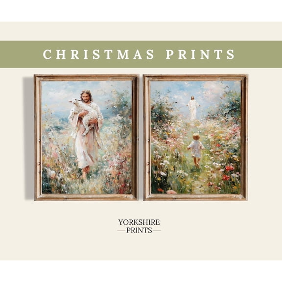 UNFFRAMED Christian Wall Art Set, Jesus With Lamb & Child, Inspirational Religious S Set 2 Prints 8x12