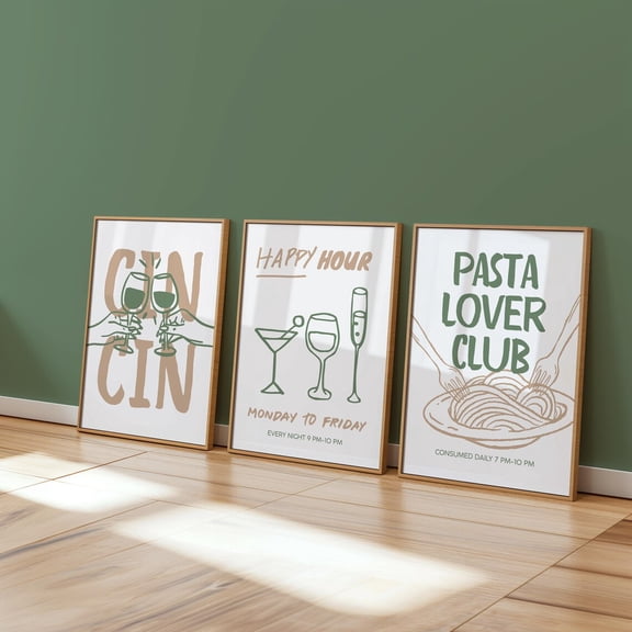 UNFFRAMED Cin Cin Cheers Wall Art Set Posters, Retro Happy Hour Cocktail Poster, Pasta Lover Italian Food Poster, Bar Cart Kitchen Decor Set 3 Prints 20x30