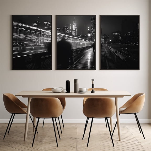 UNFFRAMED City Bridge View Print Set, Black and White Urban Night Lights Set 3 Prints 16x24