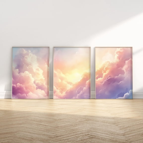 UNFFRAMED Clouds Wall Art Set Of 3 Pieces Bedroom Wall Decor Big Over Bed Soft Neutral Relaxing Calming Wall Art Set 3 Prints 8x12