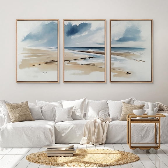 UNFFRAMED Coastal Beach Wall Art Set Of 3, Prints, Ocean & Sand In Soft Blue Beige Tones, Nordic Zen Decor For Living Room Set 3 Prints 20x30