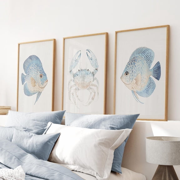 UNFFRAMED Coastal Crab & Fish Art Print Set, Beach House Bathroom Decor Set 3 Prints 20x30