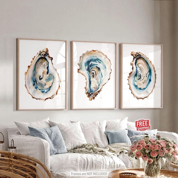 UNFFRAMED Coastal Decor, Oyster Shells Wall Art Posters, Ocean Nautical, Beachy Vintage Artwork, Kitchen Bathroom Set Of 3 Set 3 Prints 8x12