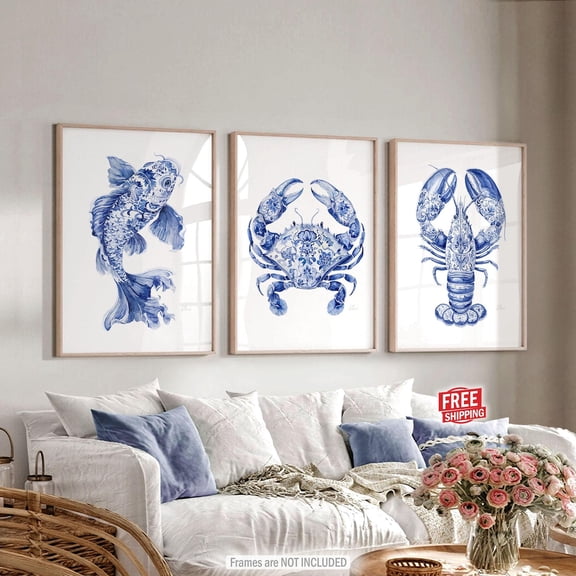 UNFFRAMED Coastal Wall Art Posters, Chinoiserie Set Of 3, Blue Ocean Beach Decor, Fish, Crab, Lobster, Nautical Sea Artwork Set 3 Prints 8x12