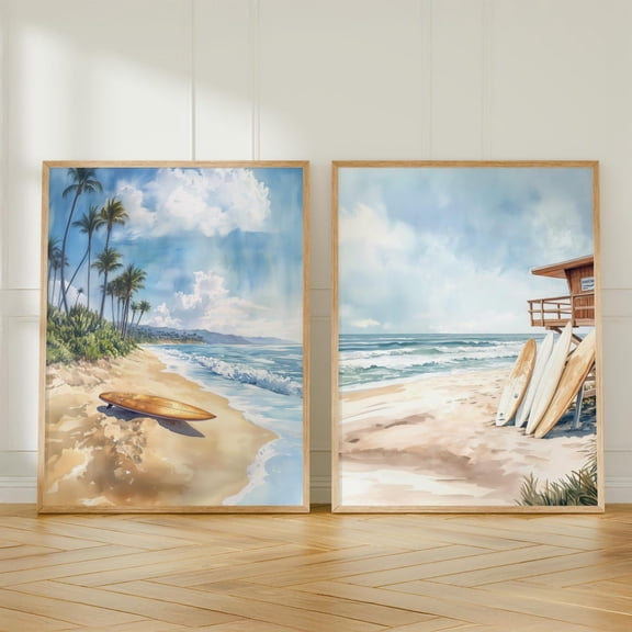 UNFFRAMED Coastal Wall Artet Of Two Beachy Posters, Boho Decorurfboard Aesthetic, Trendy Beachy Wall Art, Coastal Decor Set 2 Prints 8x12