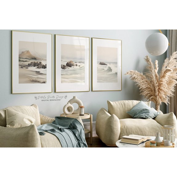 UNFFRAMED Coastal Waves Poster Set, Vintage Beach Panel Art Set 3 Prints 16x24