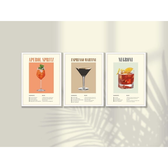 UNFFRAMED Cocktail Illustration Poster Set, Aperol Spritz, Martini, Negroni Set 3 Prints 8x12