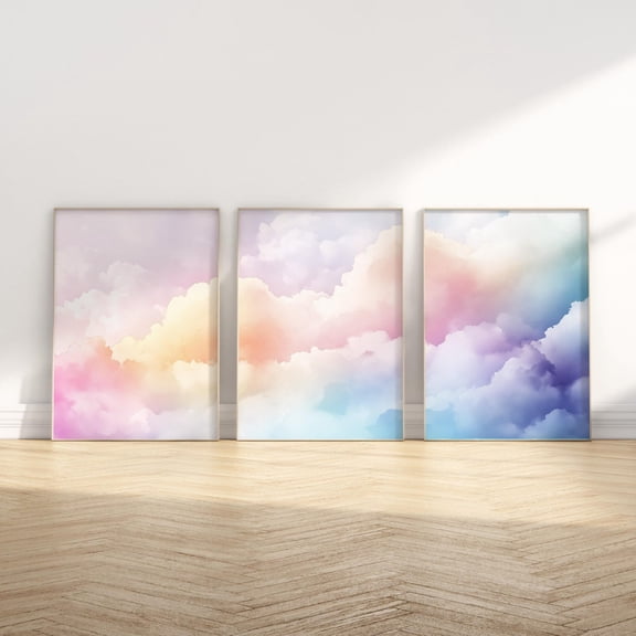 UNFFRAMED Colorful Clouds Wall Art Set Of 3 Pieces Bedroom Wall Decor Big Over Bed Soft Neutral Relaxing Wall Art Set 3 Prints 20x30
