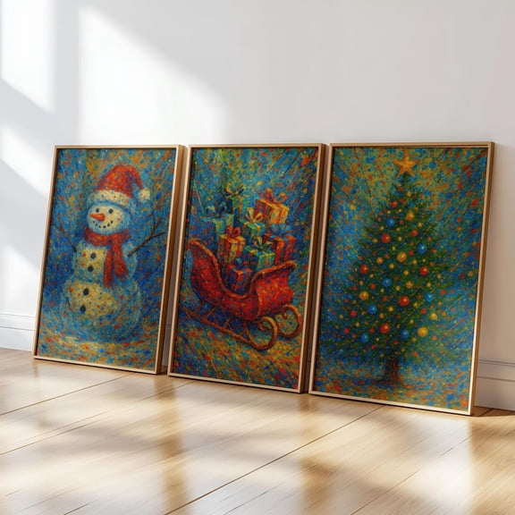 UNFFRAMED Colorful Wall Art Set Of 3 Posters, Festive Winterdecor, Vibrant Seasonal Wall Art, Snowman Sleigh & Tree Artwork Set 3 Prints 12x18